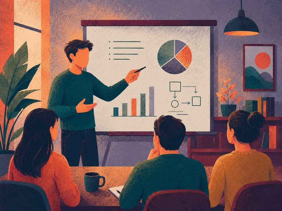 Illustrasjon: en gjennomgang der funn og tall presenteres for en ledergruppe